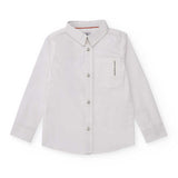 Camicia a maniche lunghe bianca con bottoni e tasca frontale.