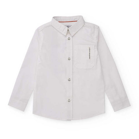 Camicia a maniche lunghe bianca con bottoni e tasca frontale.