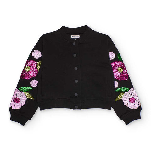 Bomber jacket nera con applicazioni floreali di paillettes colorate