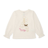 maglia manica lunga bianca con stampa decorativa e fiocco piccolo marrone