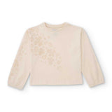 Maglia manica lunga beige con stampa floreale sul davanti e sulla manica sinistra