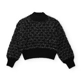 Maglione corto nero con filo lurex argento e collo alto a costine per bambina