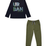 Completo bambino con t-shirt manica lunga nera con scritta Urban e pantaloni jogger verdi