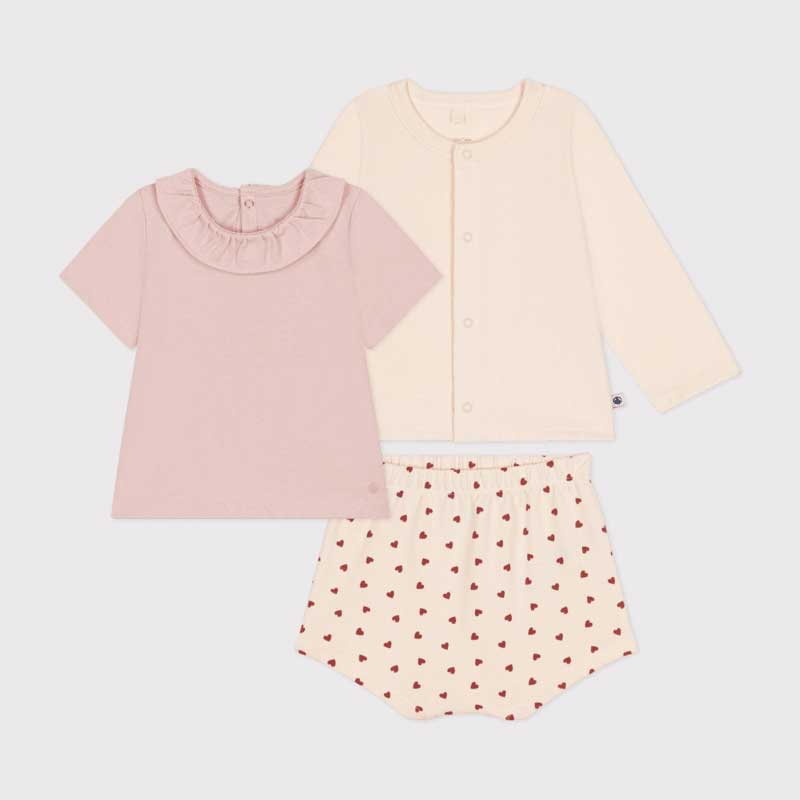 Short set in light jersey from the Petit Bateau girls' clothing line. A cardigan, a blouse with a...