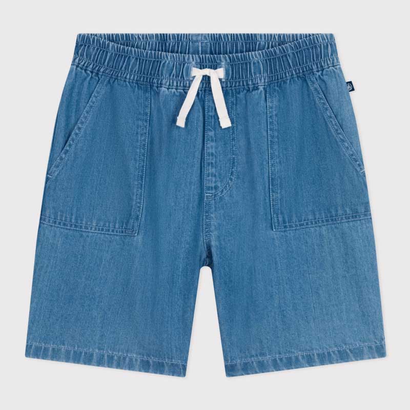 
Denim shorts from the Petit Bateau children's clothing line with an elasticated waist and adjust...