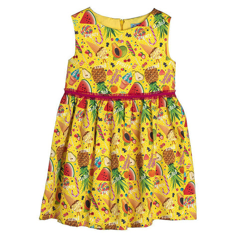 Abito estivo giallo per bambina con stampe colorate di frutti e cinturino in tulle.