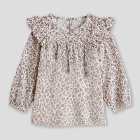 Camicia a fiori lilla e beige con maniche lunghe e balze sulle spalle