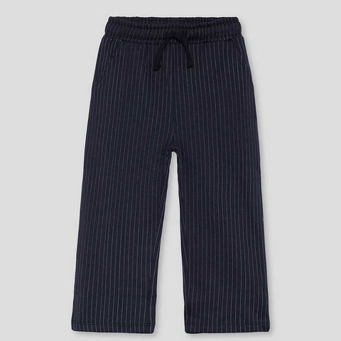 Pantaloni pince ampi neri con righe bianche verticali e vita elastica con coulisse