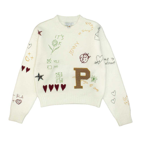 Maglione bianco con ricami colorati a forma di cuori, stelle, fiori e lettere