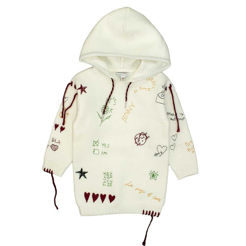 Vestito maglia bianco con cappuccio e ricami colorati, dettaglio multicolor e coulisse bordeaux
