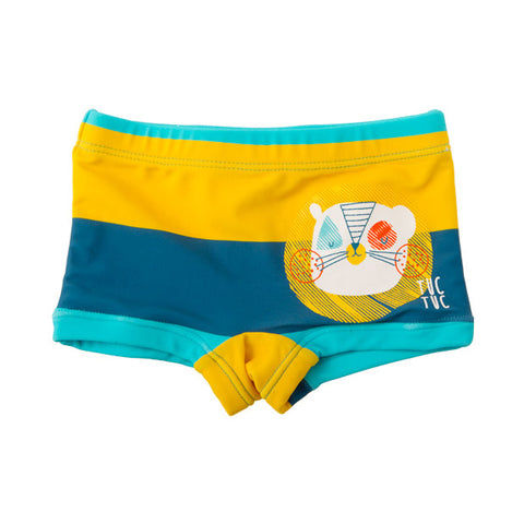 Costume da bagno a righe multicolor per bambini, con stampa di un animale.