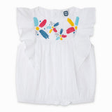 Blusa smanicata bianca con ruches e stampe colorate sulla parte superiore