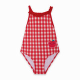 Costume da bagno intero per bambina a quadri rosso con ricamo di mela.