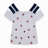 T-shirt corta bianca con fantasia di frutta per bambina, spalline calate in stile navy.