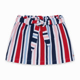 Gonna a righe con cintura in tessuto per bambina, colori vivaci e design alla moda.