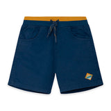Bermuda blu per bambini con tasche laterali e laccetto in vita.
