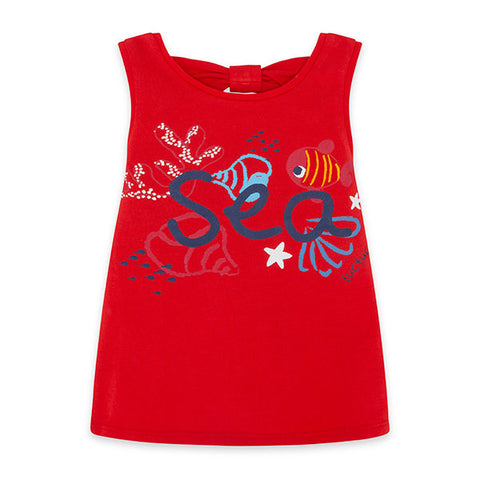 T-shirt senza maniche rossa con stampa colorata per bambina.
