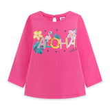 T-shirt a manica lunga con stampa colorata e applicazioni, colore fucsia.