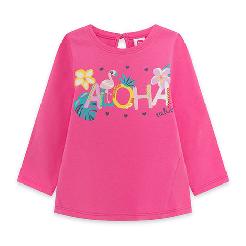 T-shirt a manica lunga con stampa colorata e applicazioni, colore fucsia.
