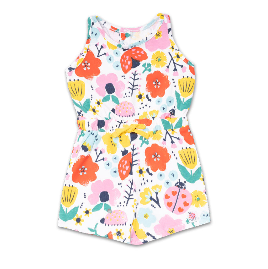 Overall with shorts from the Tuc Tuc Girls' Clothing Line, featuring a waist tie and snap buttons...