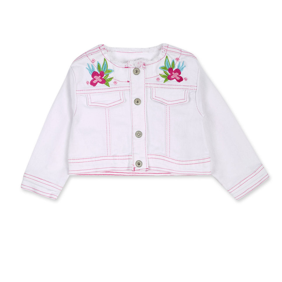 Jeans jacket from the Tuc Tuc Girls' Clothing Line, with bright colored embroidery on the pockets...