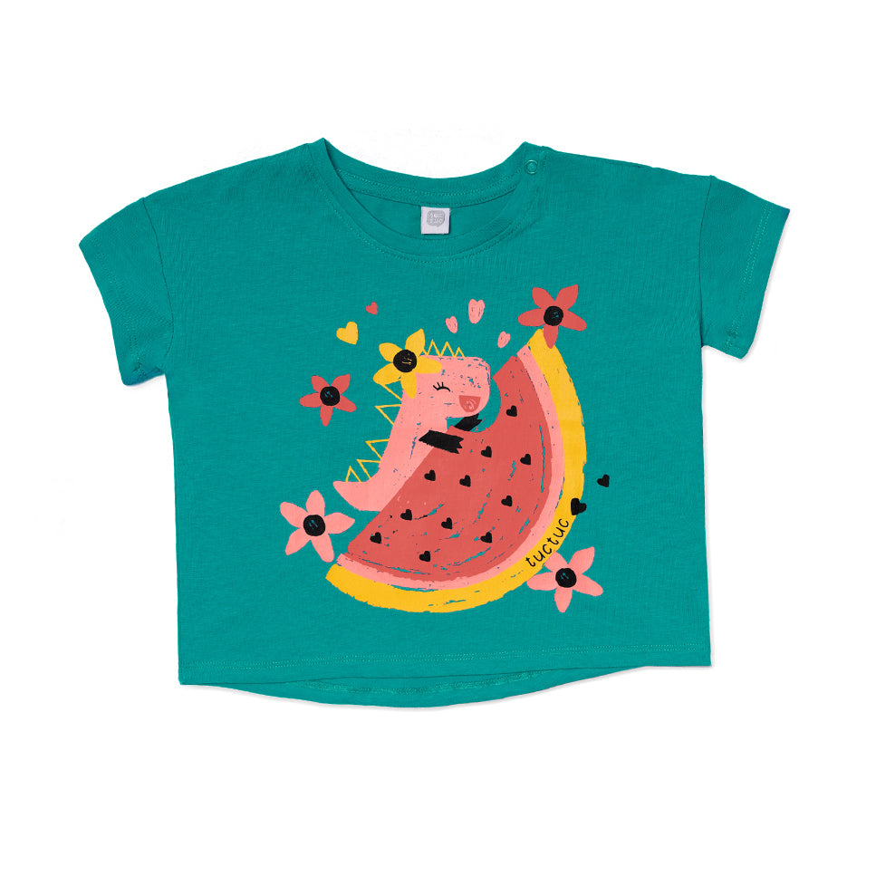 Tuc Tuc Girls' Clothing Line T-shirt, with a colorful print on the front and a snap button on the...
