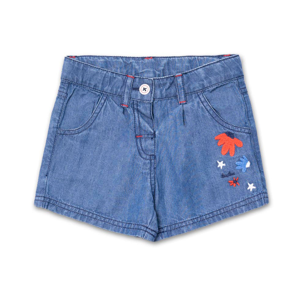 Shorts from the Tuc Tuc Girls' Clothing Line in denim color with colorful flower embroidery on on...