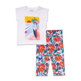 Tuta jersey per bambina con t-shirt bianca e leggings a fiori.