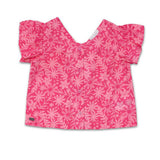 Blusa rosa con stampa floreale e maniche corte a volant