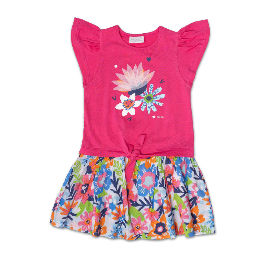 Dress from the Tuc Tuc Girls' Clothing Line, featuring puff sleeves and a colorful print on the f...