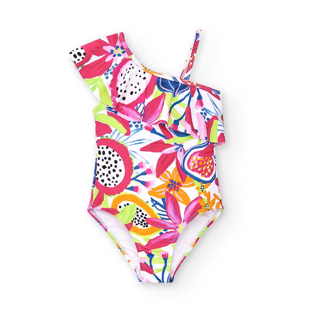 One-piece swimsuit from the Tuc Tuc Girls' Clothing Line, featuring a ruffle and asymmetrical cut...