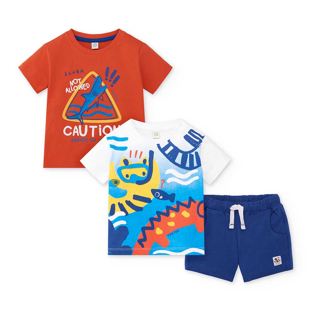 Complete three-piece set from the Tuc Tuc Children's Clothing Line, consisting of solid color sho...