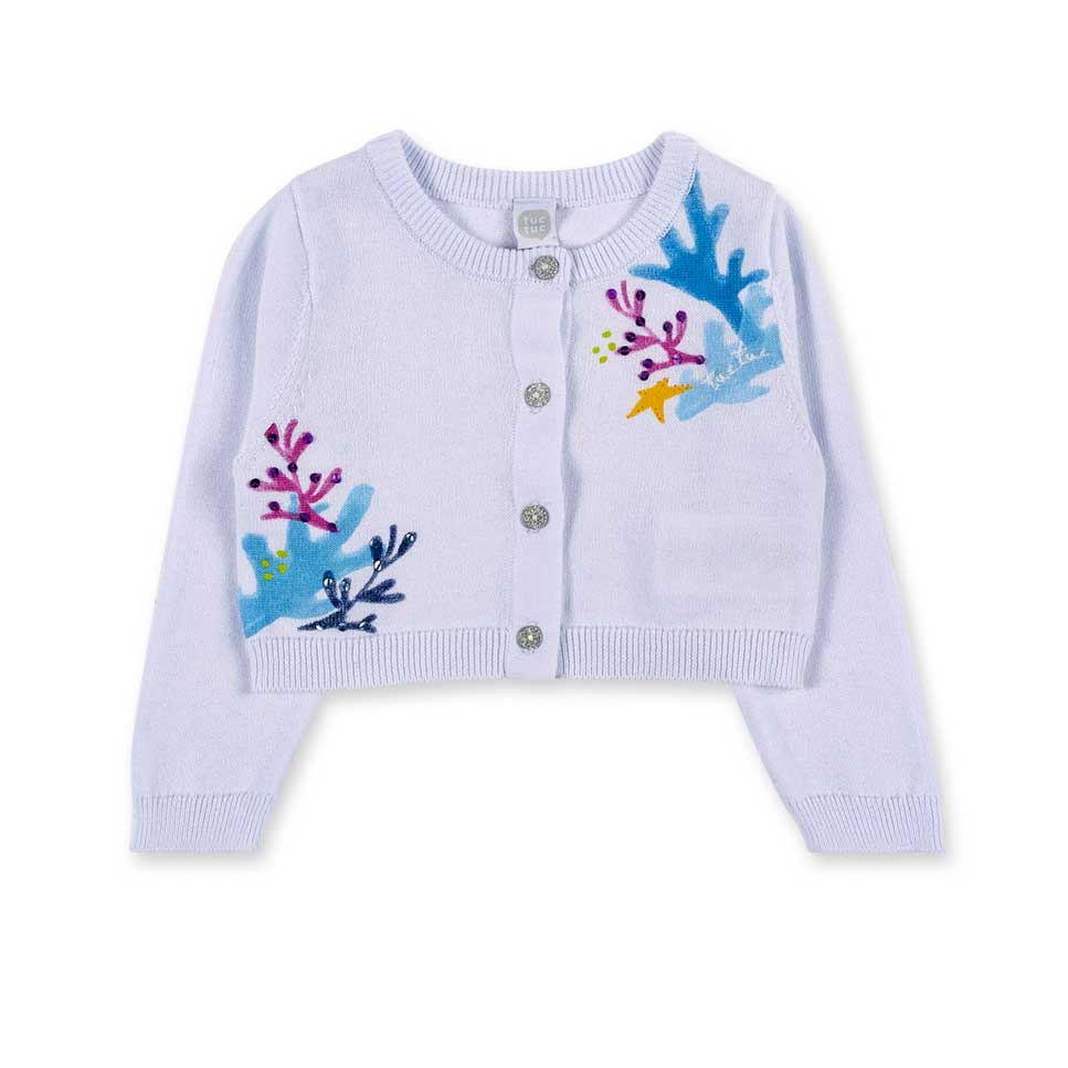 
Cardigan from the Tuc Tuc girls' clothing line, with colorful print on the front and sequin appl...