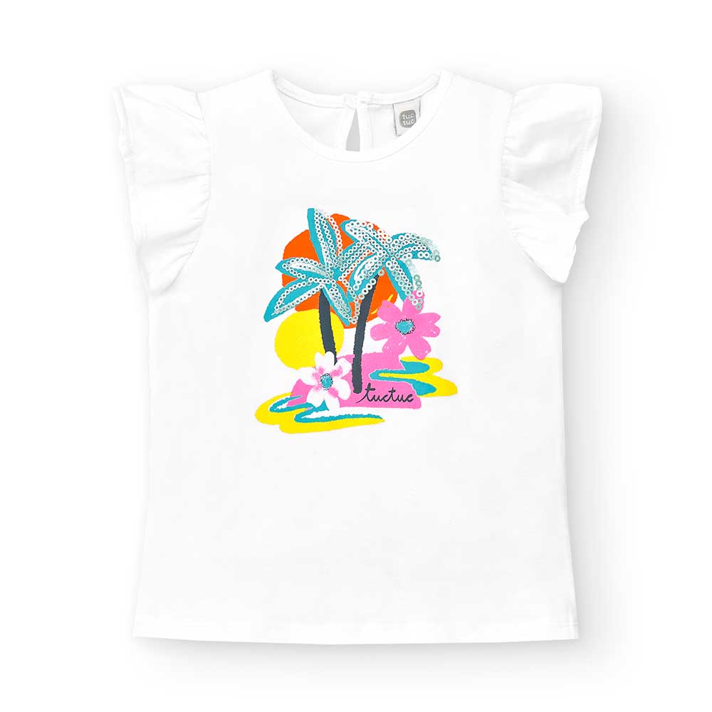 T-shirt from the Tuc Tuc Girls' Clothing Line, sleeveless. Tropical motif print and sequin appliq...