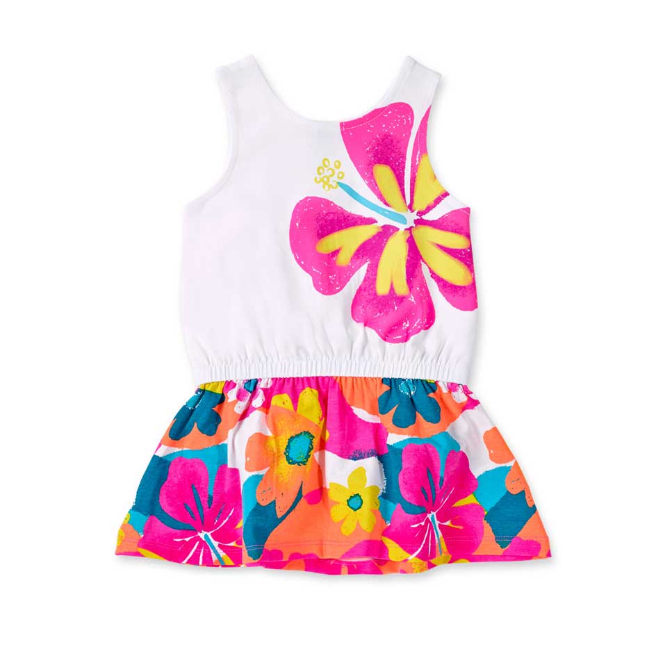 Dress from the Tuc Tuc girls' clothing line, with colorful print in the upper part, and wide skir...