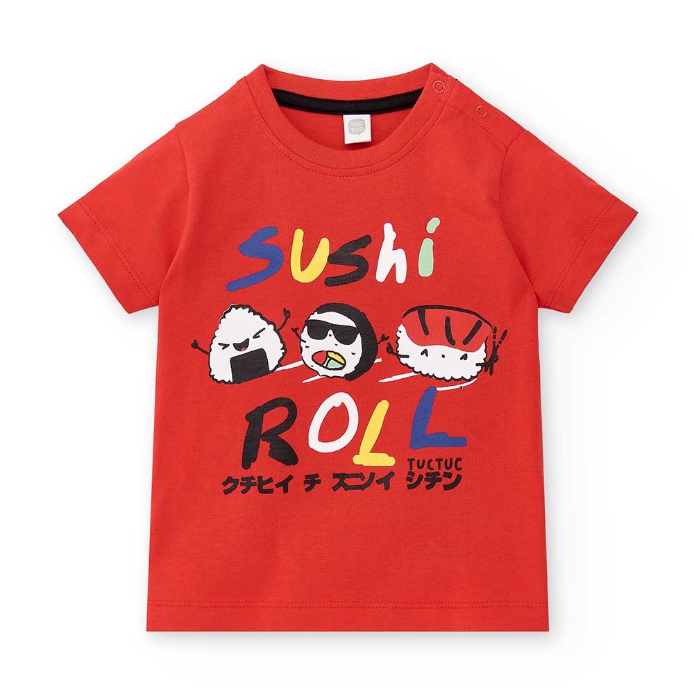 Tuc Tuc children's Clothing Line T-shirt, with colorful print on the front and snap buttons on th...