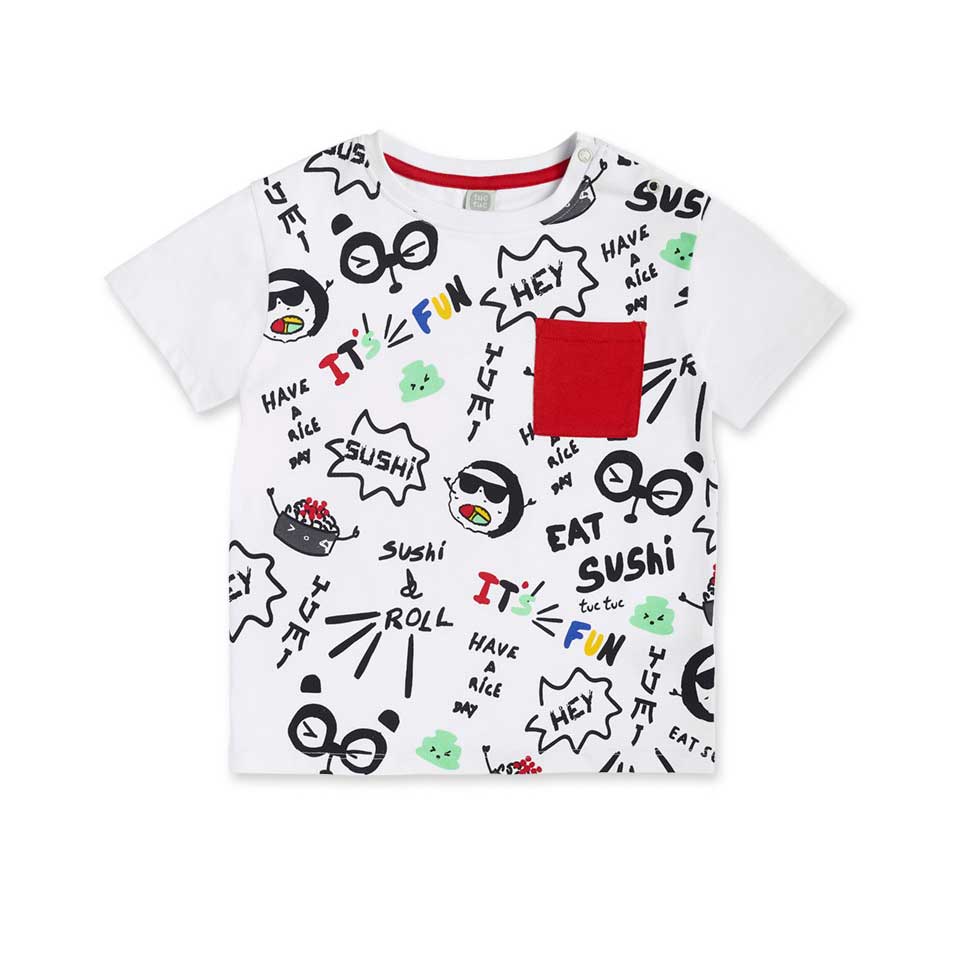 Tuc Tuc children's Clothing Line T-shirt, with all-over sushi print and a pocket on one side.Comp...