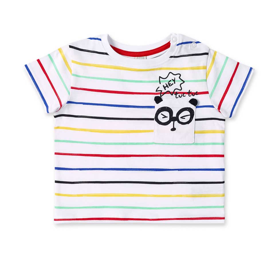 T-shirt from the Tuc Tuc Children's Clothing Line, featuring a multicolor striped pattern and a f...