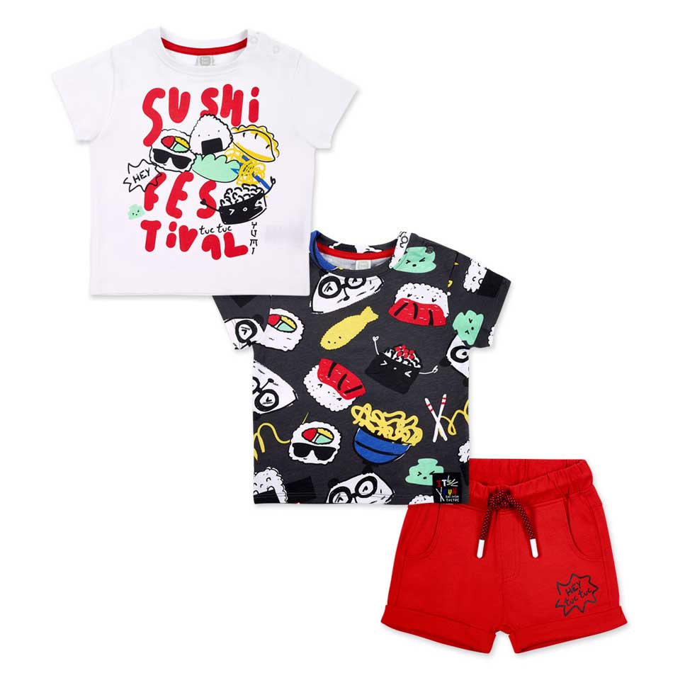 Complete three-piece set from the Tuc Tuc Children's Clothing Line, featuring two t-shirts with d...
