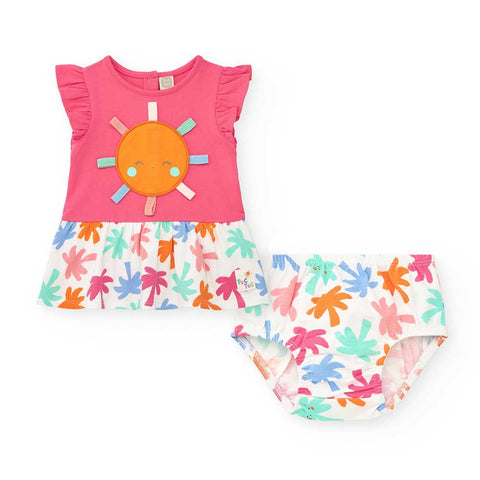 Abito jersey rosa con sole e pantaloni coordinati colorati per bambina.