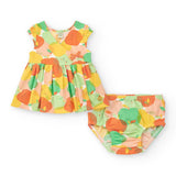 Abito jersey colorato per bambina con motivo fruttato e short coordinati.