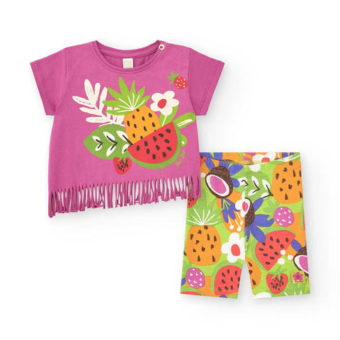 Completo per bambina con maglietta corta e leggings ciclista colorati.