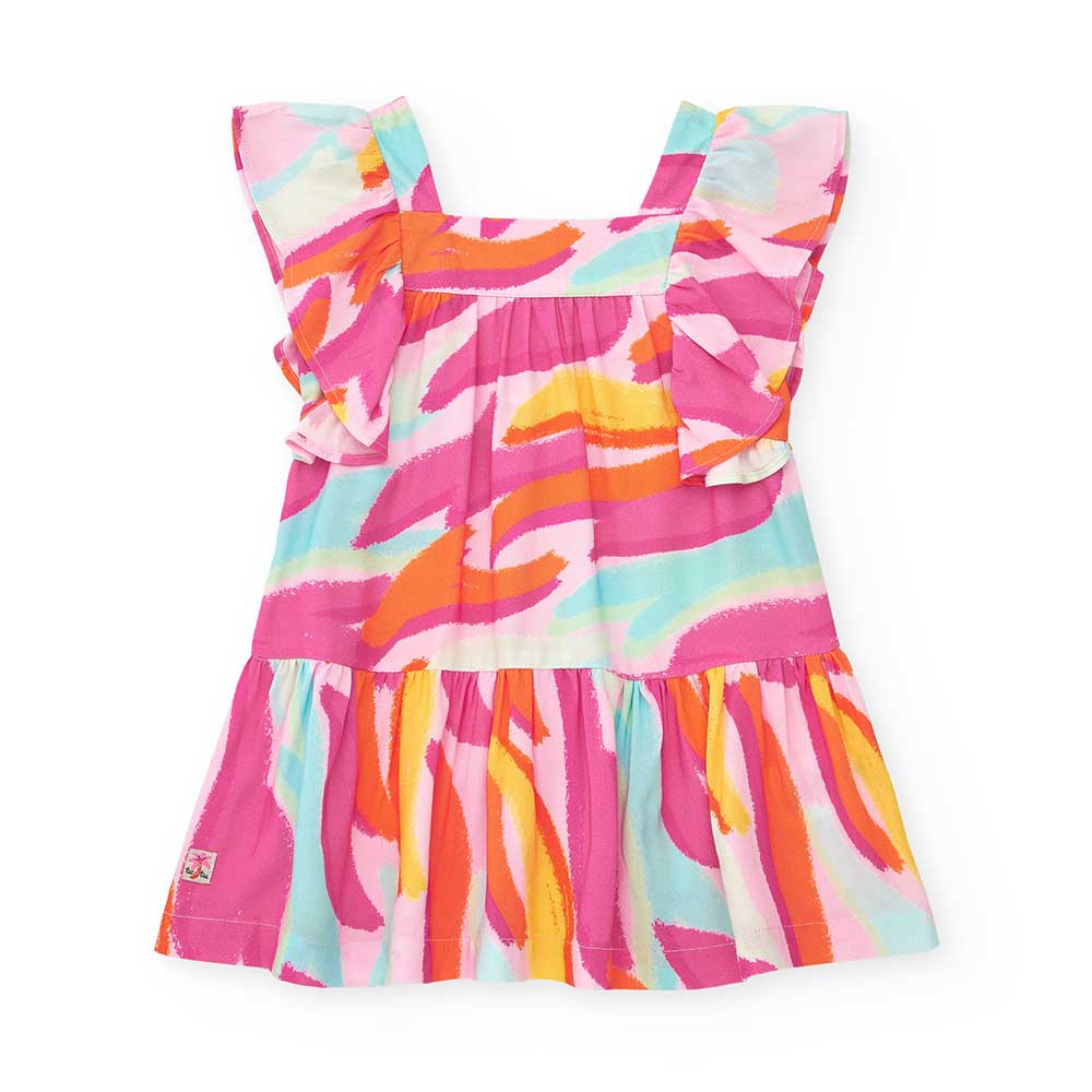 Dress from the Tuc Tuc Girls' Clothing Line, with ruffles on the straps and an all-over neon colo...