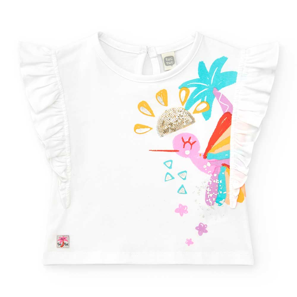 Tuc Tuc Girls' Clothing Line T-shirt, with colorful print on the front and application of small s...