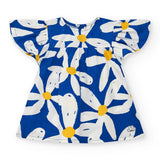 Abitino floreale blu e bianco con spalline ampie.
