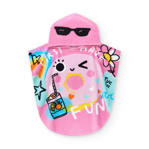 Poncho mare rosa con grafiche vivaci e cappuccio per bambina.