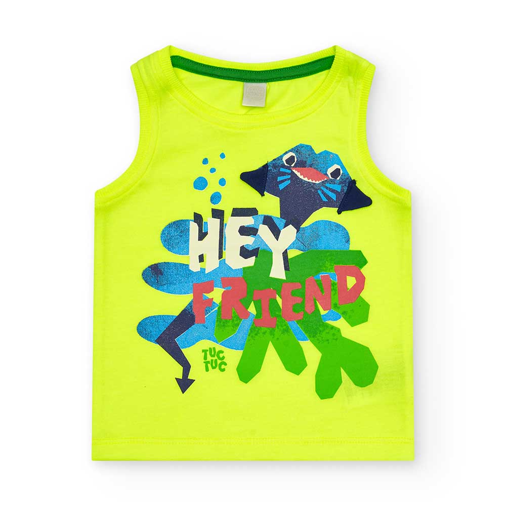 Tuc Tuc Line Children's Clothing Collection tank top, with colorful print on a fluorescent backgr...