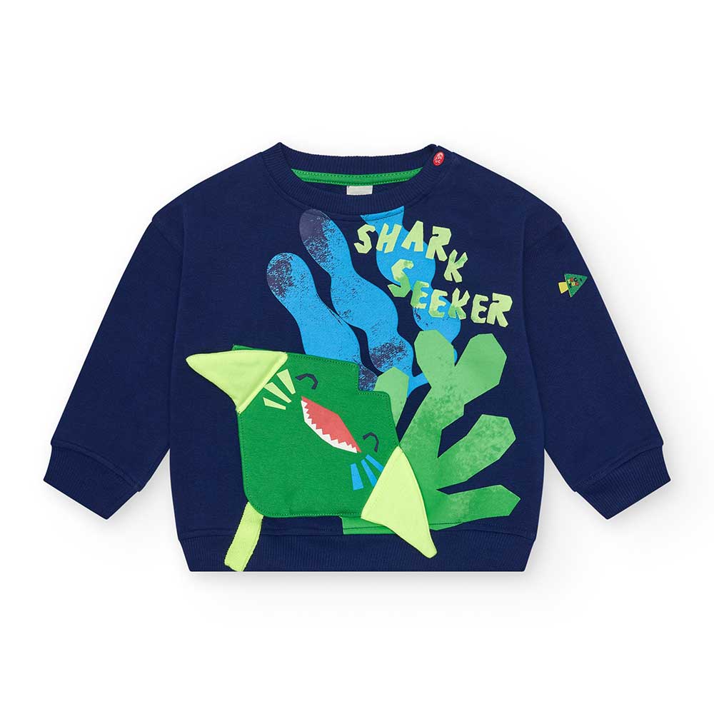 Garzata sweatshirt from the Tuc Tuc Children's Clothing Line, with a colorful print on a blue bac...