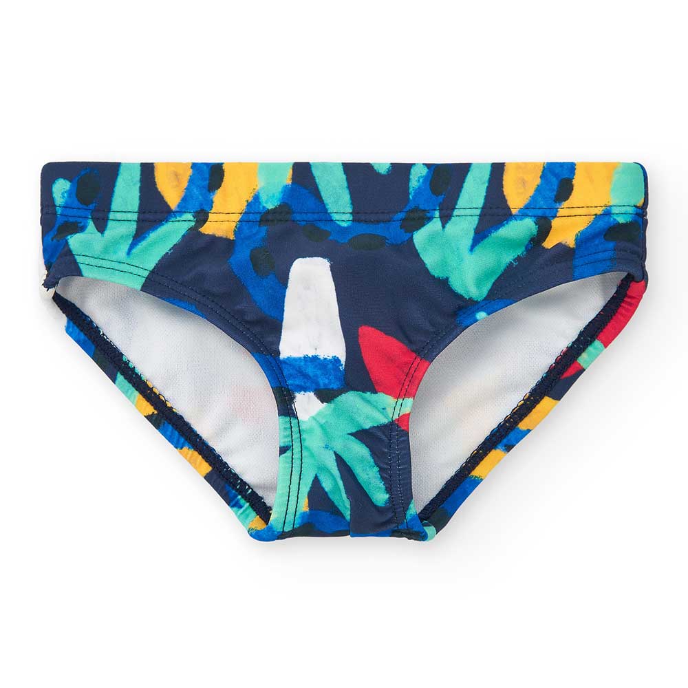 Tuc Tuc Children's Clothing Line swim briefs, with a bright colored pattern.
Composition: Polyami...