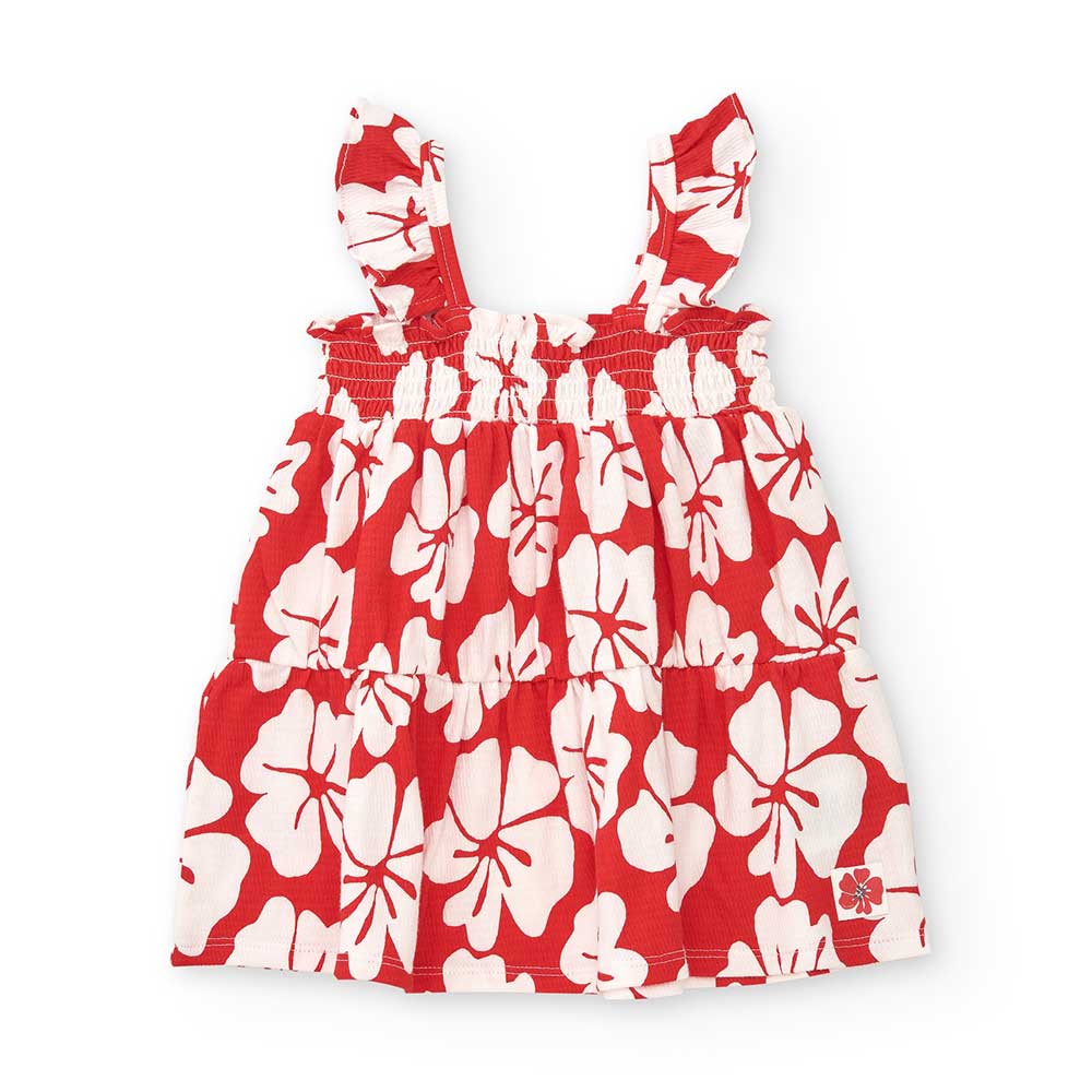 Little dress from the Tuc Tuc Girls' Clothing Line, made of crepe with a hibiscus pattern in cont...